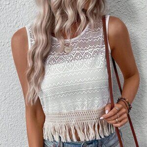 *SHEIN Boho White Lace Sleeveless Blouse with Tassels